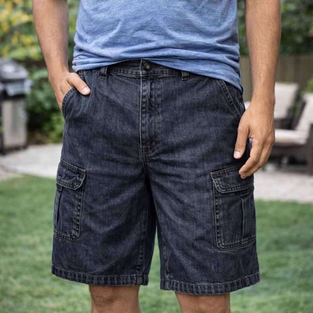 The Foundry Supply Co Mens Cargo Denim Shorts 50‎ Dark Wash Extendable Waist 9in